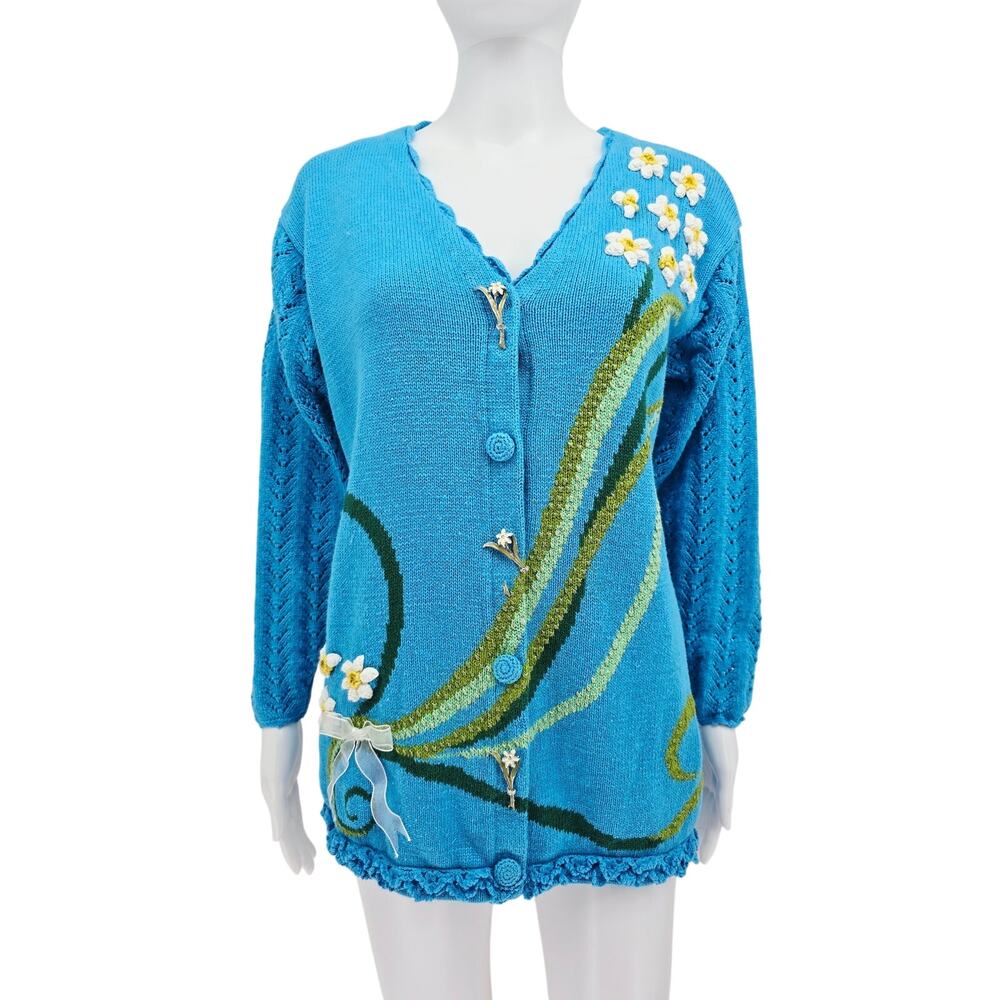 Vintage Storybook Knits Grandmacore Floral Cardigan Sweater Blue M